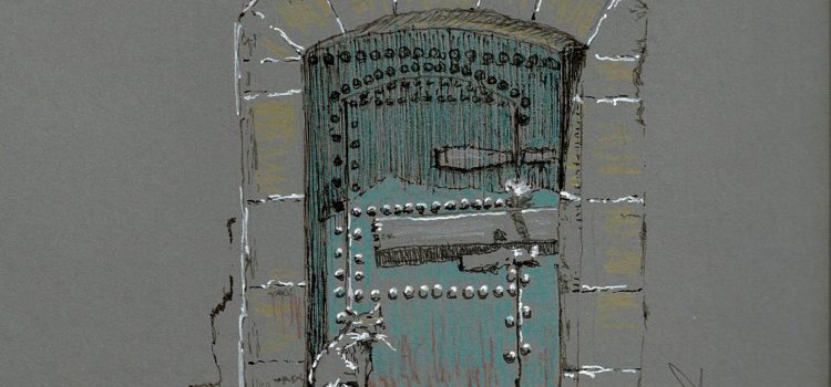 Fondo gris: Puerta de callejón de Medina de Essaouira.